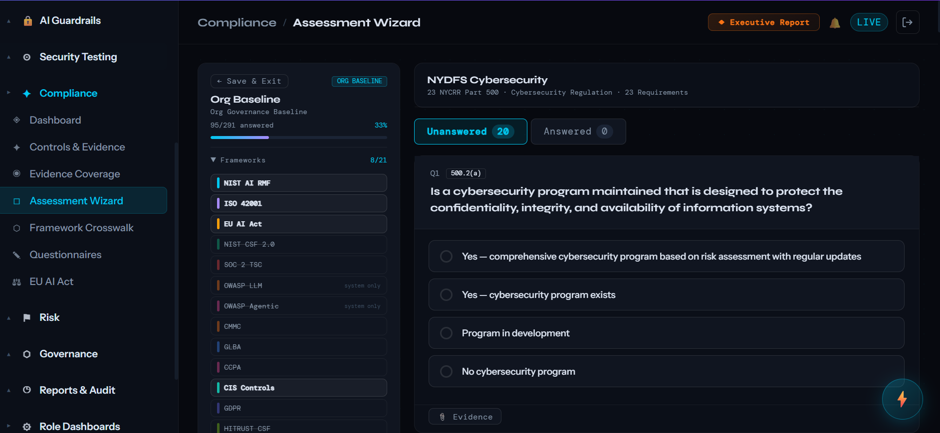 Compliance Assessment Wizard with NYDFS questions