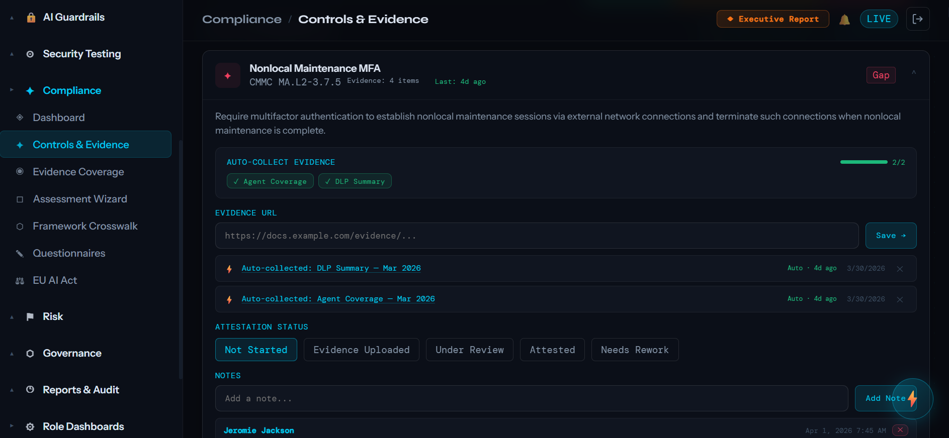 Controls and Evidence detail view